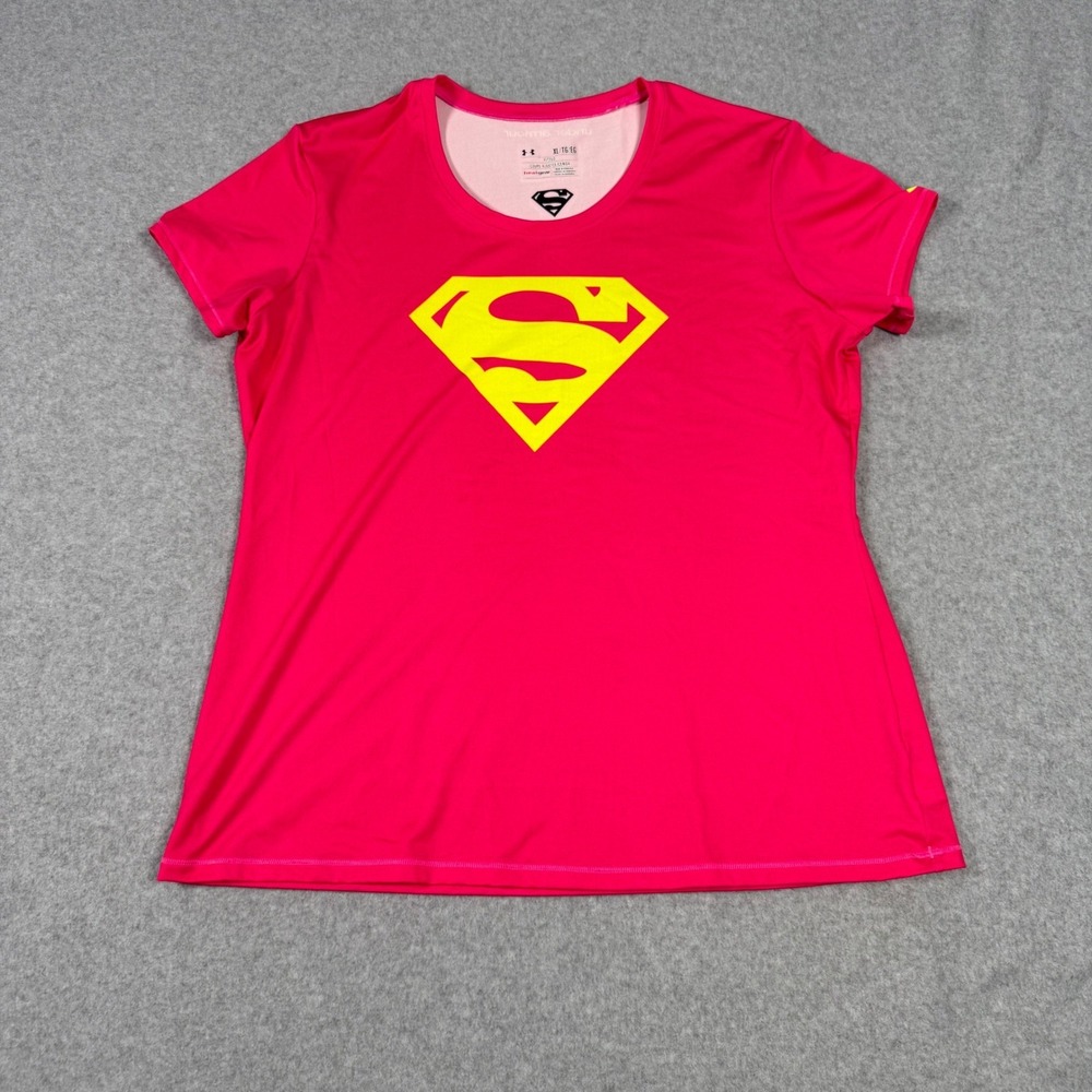 Under Armour HeatGear Superman Pink Fitted Athletic T-Shirt Womens XL Barbiecore